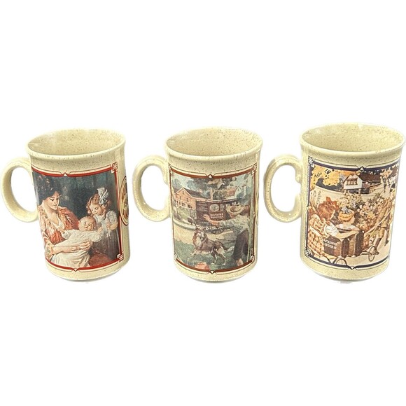 Watkins Almanac Stoneware Coffee Mugs made in England 1914, 1916, 1918 Set of 3 - Picture 1 of 6